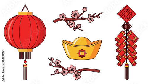 Chinese new year decorations featuring lantern ingot firecrackers and plum blossoms