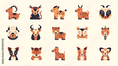 Collection of stylized animal illustrations featuring various species in a flat design