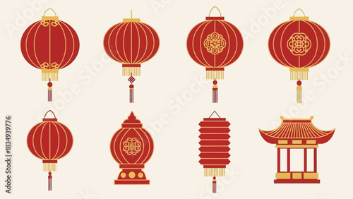 Collection of red and gold chinese lanterns and pagoda for lunar new year designs