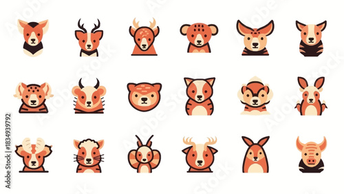 Collection of cute cartoon animal faces featuring deer bear tiger and other wildlife