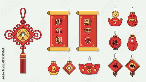 Chinese new year decorations featuring scrolls knots and ingots for festive designs