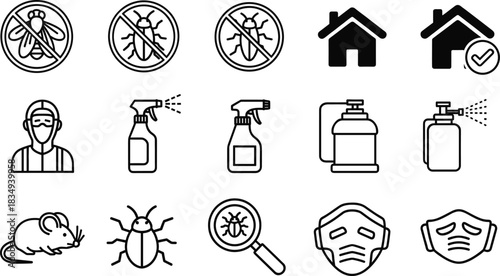 Pest Control & Home Protection Icon Set – No Bugs, Spray Bottles, Exterminator, Rodent, Inspection, Safety Masks Vector
