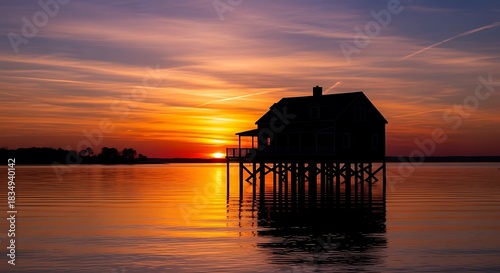 Silhouette of a stilted house over water at sunset.