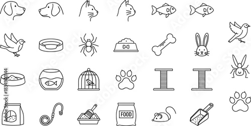 Pet Care Icons Set — Dogs, Cats, Birds, Fish, Food Bowls, Toys & Animal Supplies