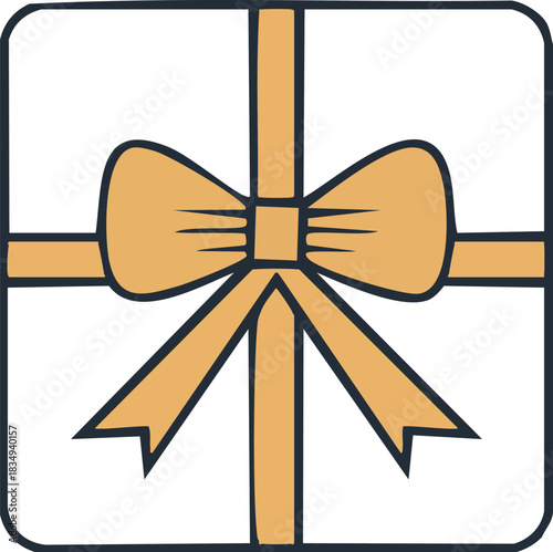 Charming hand-drawn illustration of a classic gift box, beautifully tied with a golden yellow ribbon and a neat bow, perfect for conveying celebration, happiness, and holiday spirit