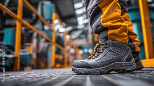 Close up of a safety working shoe on a worker's foot standing on an industrial floor during a busy workday in a manufacturing facility