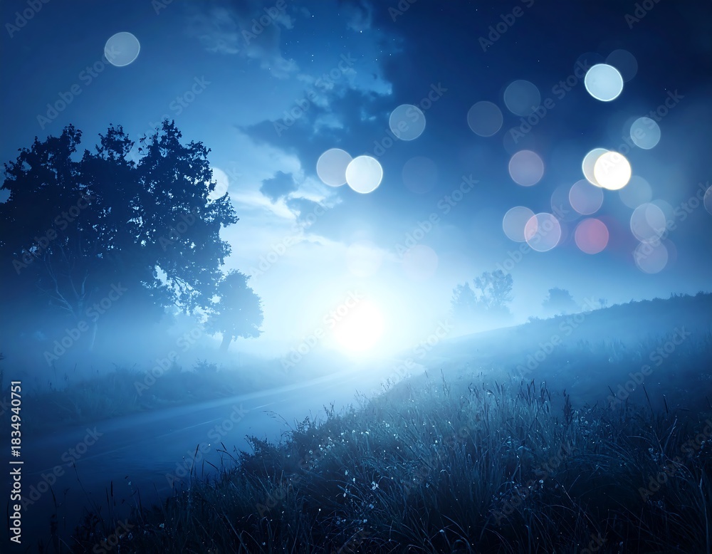Fototapeta premium Serene nighttime scene with a bright light on a country road