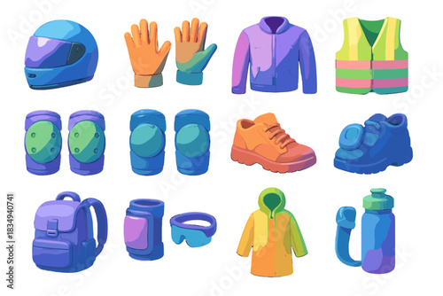 Glasses reflective vector icon backpack jacket pads shoes scooter gear icons vest