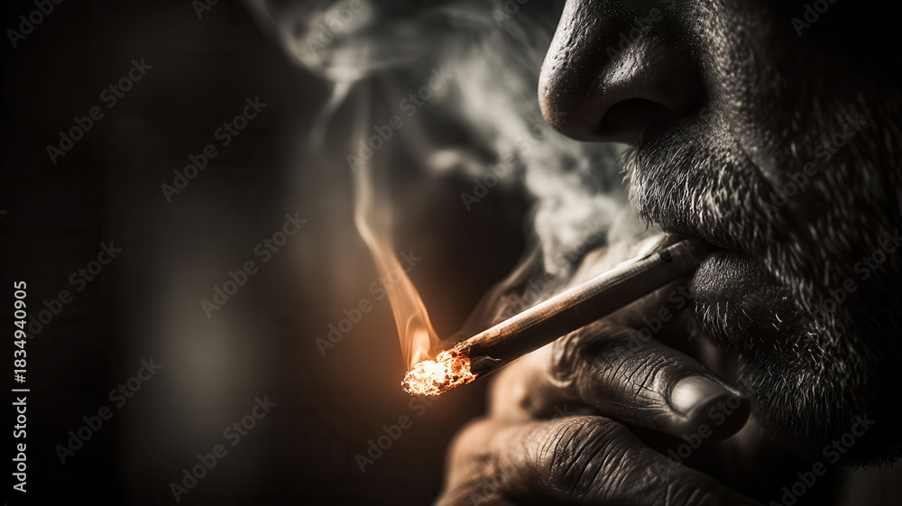 Fototapeta premium Man smoking cigarette closeup cancer breast hopeful awareness portrait