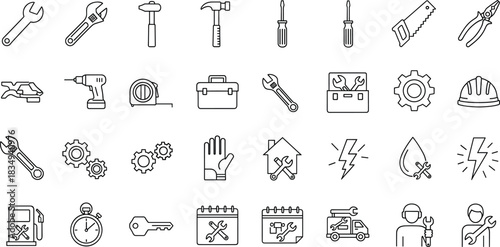Tools & Repair Icon Set – Wrenches, Hammer, Screwdrivers, Saw, Drill, Toolbox, Gear, Hard Hat, Handyman, Service Icons Vector