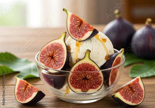 Fresh figs and creamy ice cream with honey drizzle served in a glass bowl.