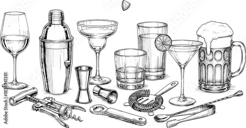 Vintage Bar Tools & Drinkware Vector Set – Cocktail Shaker, Glasses, Mixer Tools, Beer Mug