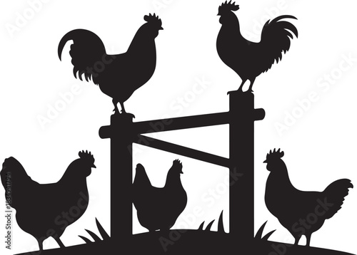 Farm poultry rooster hen silhouette standing fence design countryside domestic animal group vector