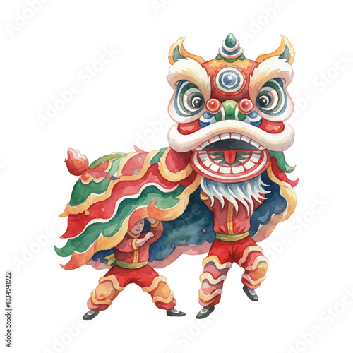 watercolor chinese lion dance drawing