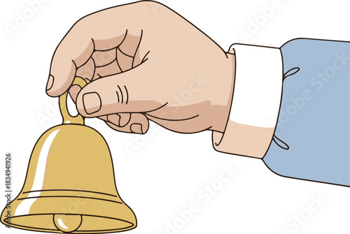 Man's hand in a business suit sleeve ringing a small golden handbell for service or attention, isolated vector illustration on a white background