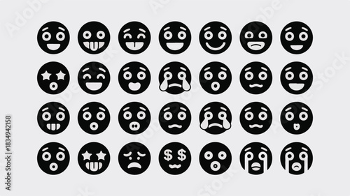 Black Emoji Icons Set Expressing Various Emotions and Reactions emoticon face