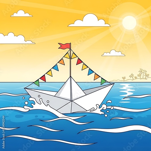 Paper boat sails on ocean waves under a sunny sky.