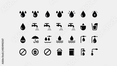 Collection of Water and Hydration Icons in Black Silhouette Style on Gray Background drop droplet
