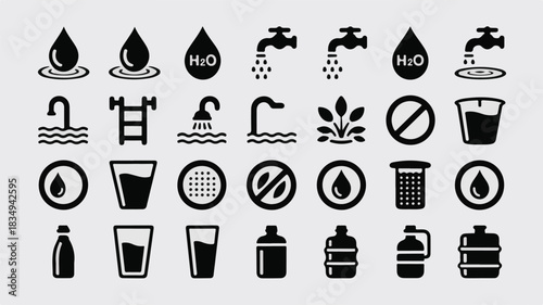 Collection of water related icons including drops faucets bottles and glasses vector illustration