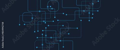 Abstract digital AI circuit board background with tech icons. Digital technology motherboard texture design. Engineering circuit board concept for poster, header, banner, website, presentation