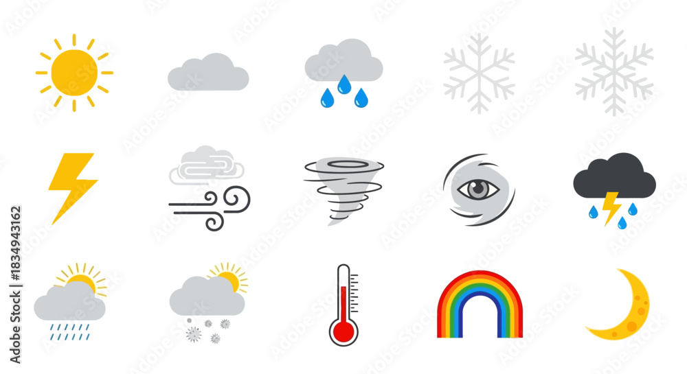 Fototapeta premium Weather icon set features flat vector graphics depicting sun, clouds, rain, snow, lightning, wind, tornado, hurricane, and thermometer against a white background.