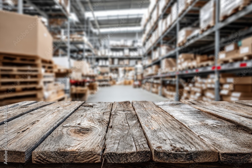 Fototapeta premium Close-up of Weathered Wooden Table with Blurred Warehouse Background and Boxes