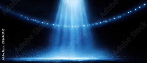 Blue stadium with bright overhead spotlights illuminates the arena, with sparkling ambiance