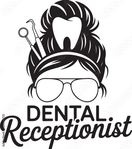 Dental receptionist woman hair glasses tooth equipment medical care profession office