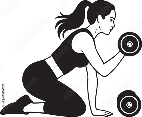 Fitness woman with dumbbell on knees training for health in sport center