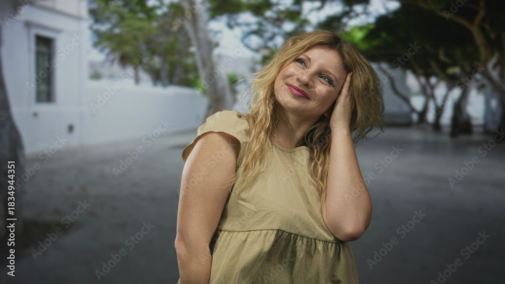 Fototapeta premium Woman touching cheek with hand while smiling on a sunlit street beside a white building and looping shaded trees under daylight; serenity.