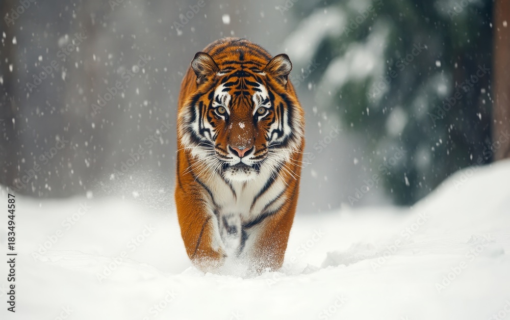 Obraz premium A majestic tiger with intense gaze walks through falling snow, its orange fur contrasting beautifully with the white winter landscape