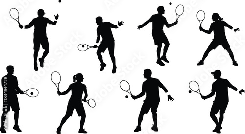 Tennis Player Silhouette, Dynamic Action Pose, Serving Tennis Ball, Vector Outline Set, Professional Tennis Player, Male Female Athlete, Racquet Sport Game, Sport Training Outline, Tennis 
