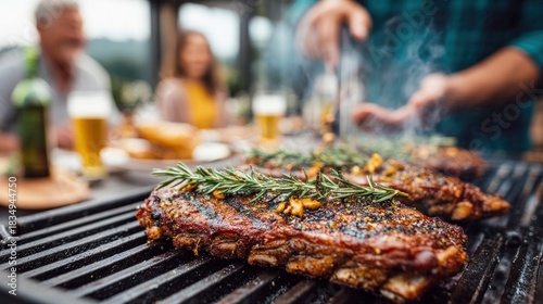 Delicious ribs grilling on a barbecue with friends and family enjoying the meal