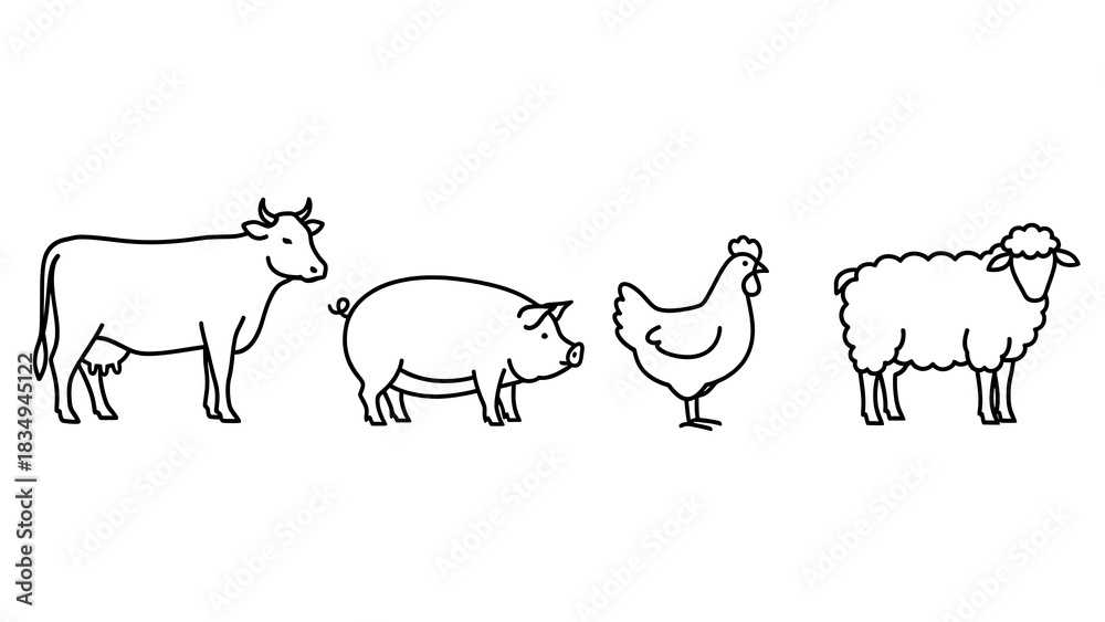 Fototapeta premium Minimal farm animal outline set