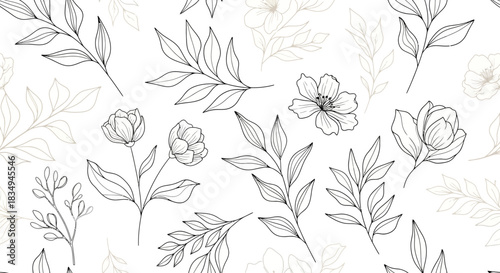 Elegant floral line art pattern featuring delicate botanical drawings with blooms and branches on a clean white background in a minimalistic and modern design.