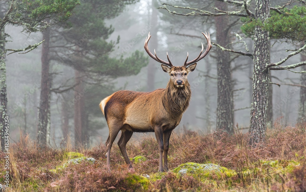 Obraz premium A noble red deer stag with impressive antlers stands alert in a misty pine forest, showcasing the beauty of wildlife in its natural habitat