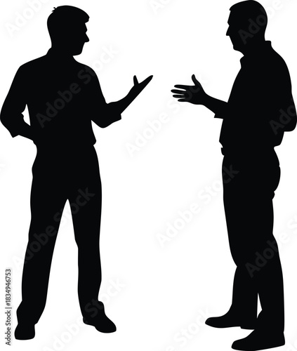 two men face to face in conversation silhouetted against a plain white