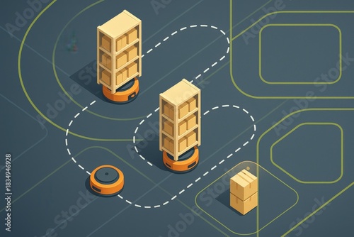 Automated inventory management system using autonomous robots navigating a modern warehouse environment to optimize logistics and efficiency