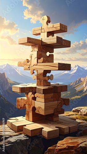 Wooden puzzle tower atop a mountain