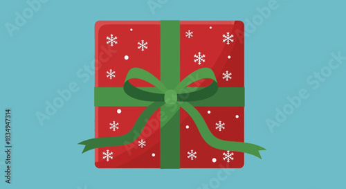 Flat lay illustration shows a red gift box with white snowflakes, tied with a green ribbon, centered against a light blue background.