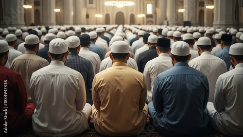 Large group of muslim men praying together in a grand mosque