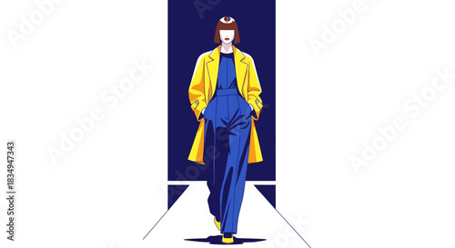 A stylish female model confidently walks forward on a stark white runway in bright yellow coat and blue pants, presented as a digital vector illustration against a deep