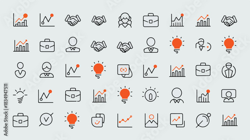 Collection of Business and Finance Icons on a White Background