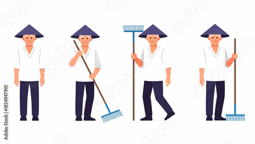 Set of four vector illustrations of an Asian male cleaner in a conical hat holding a broom in different poses.