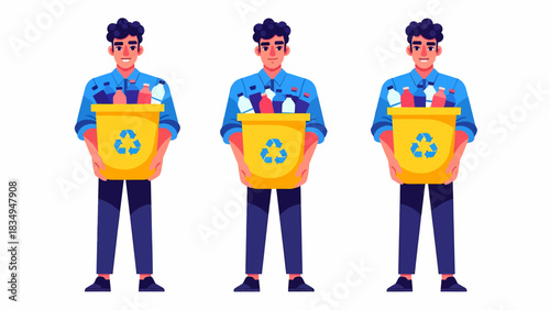 Set of three illustrations showing a young man holding a yellow recycling bin filled with plastic bottles.