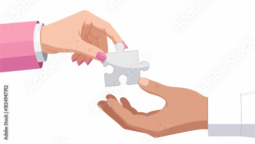 Two hands, one female and one male, exchanging a puzzle piece, symbolizing collaboration and partnership.