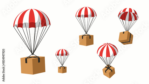 A collection of five cardboard boxes with red and white striped parachutes for airdrops, isolated on a white background.