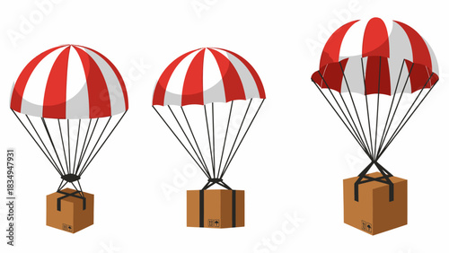 Three illustrations of brown cardboard boxes suspended by red and white parachutes.