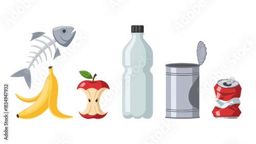 Illustration of various types of waste, including food scraps, plastic, and metal.