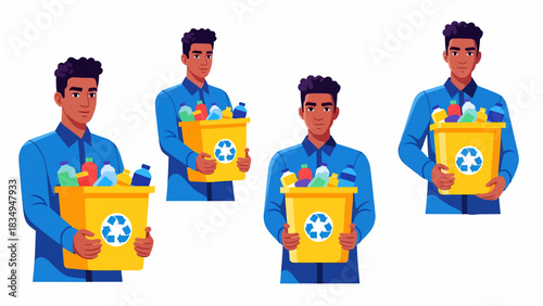 Illustrations of a man holding a recycling bin full of plastic waste.